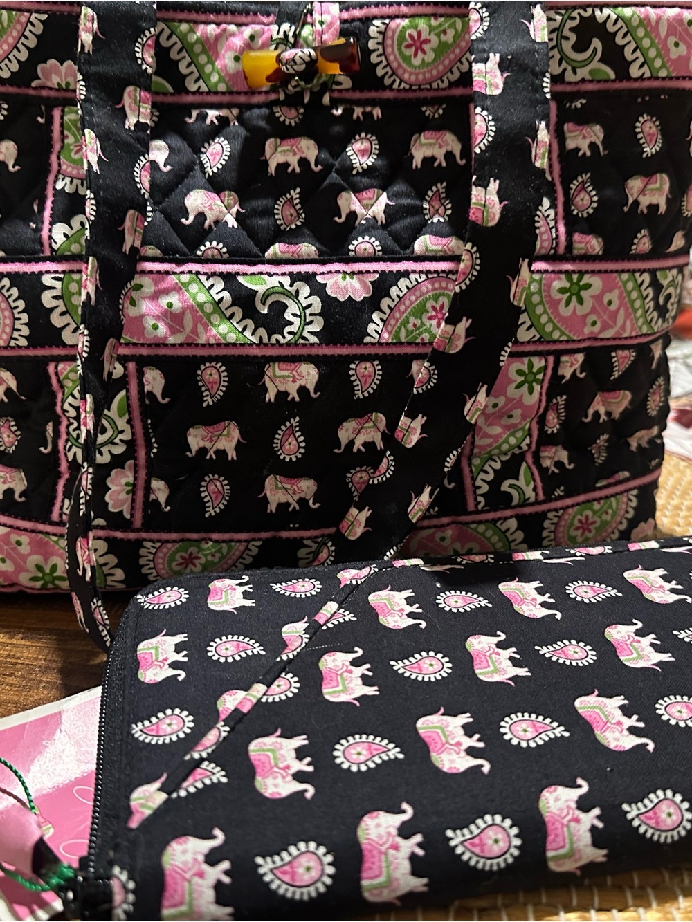 Vera Bradley Black Tote and Pouch with Pink and Green Elephant Print